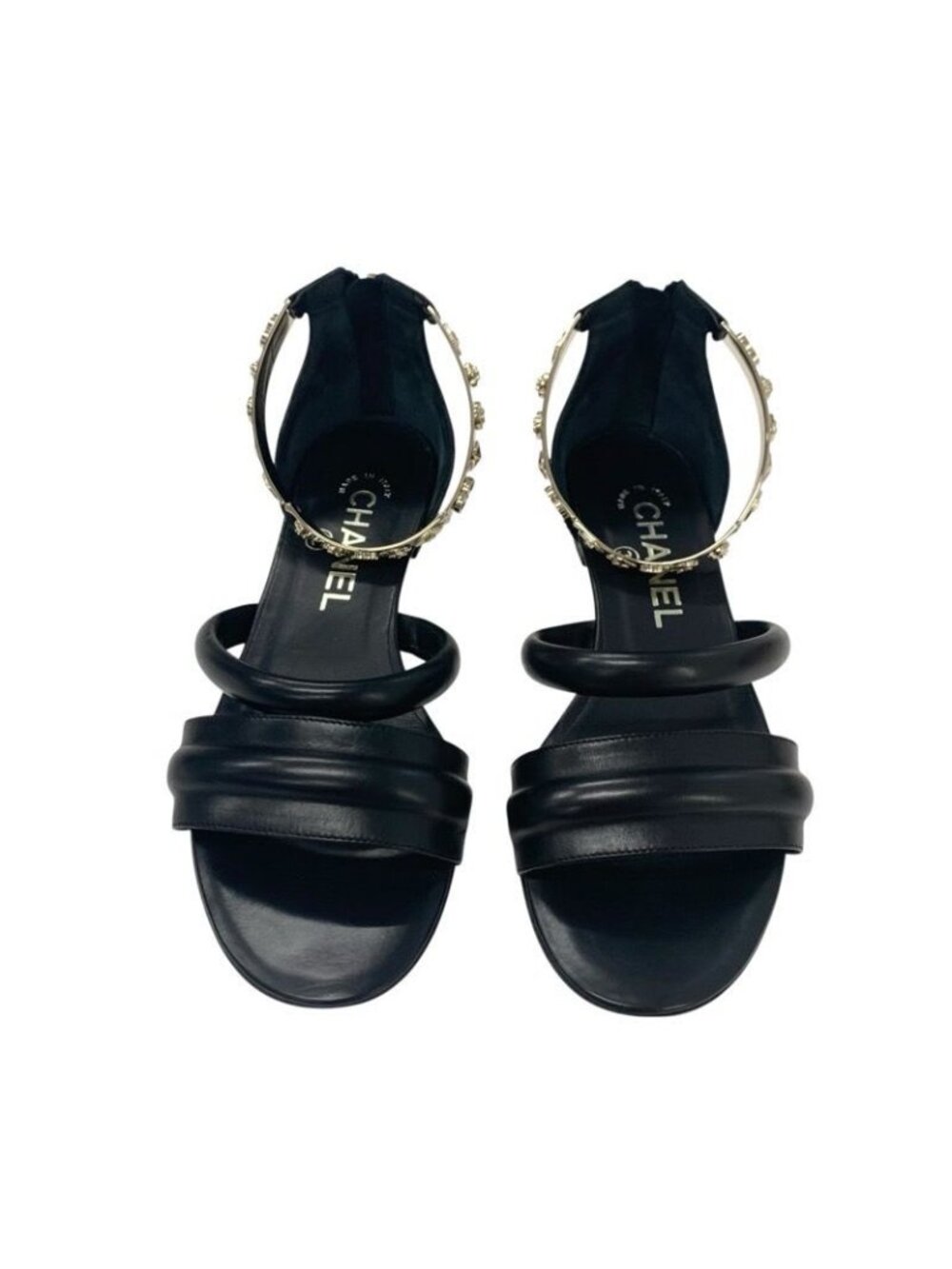 Chanel Sandals Shoes Leather Black Gold Coco Mark Icon Metal Strap Quilted - Picture 2 of 10